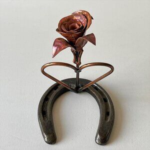 RARE Handmade Copper Rose on Horseshoe Base w/ Heart Shape Rustic Metal Art